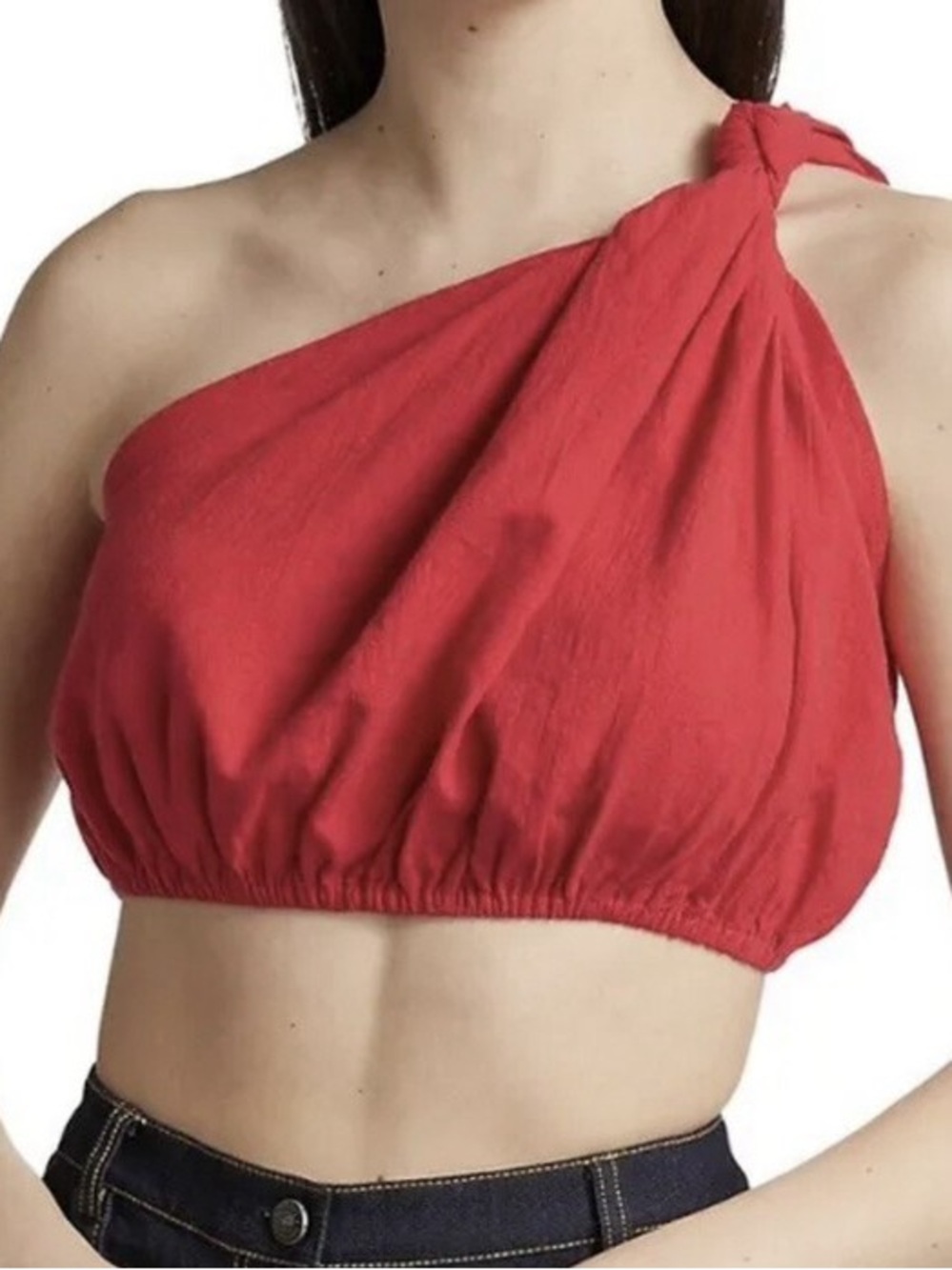 FARM Rio One-Shoulder Coral Red knot Crop Top